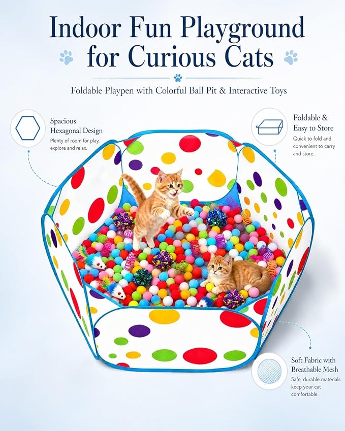 Cat Ball Pit with 227 Pcs Interactive Cat Toys, Enrichment Toys for Bored Indoor Cats Self Play, Include Pom Pom Balls Jingle and Crinkle Balls, Springs and Mice Toy for Kitten Fun and Exercise