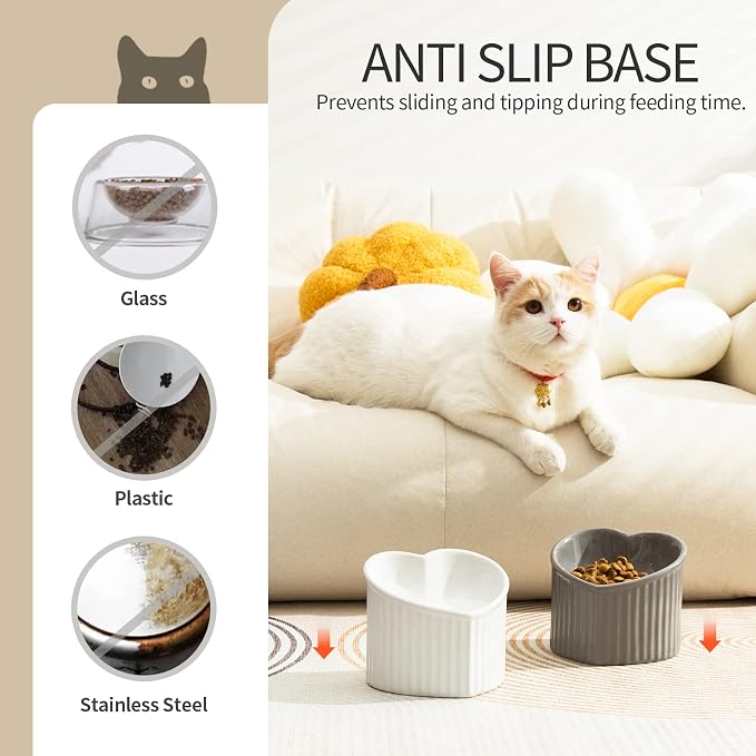5.5 in Ceramic Raised Tilted Cat Food Bowls 2 Pack | Elevated, Love Heart Shape, Slanted, Stress Free, Feeding Dishes, Protect Pet's Spine, Reduce Neck Burden, White&Grey