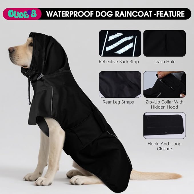 Dog Raincoat, Waterproof Dog Rain Jacket with Hood Black 2XL | Rain Coat For Large Dogs, Doggy Poncho With Leash Hole, Reflective Strips, For Rainy Snowy Weather Walks, Hiking, Camping