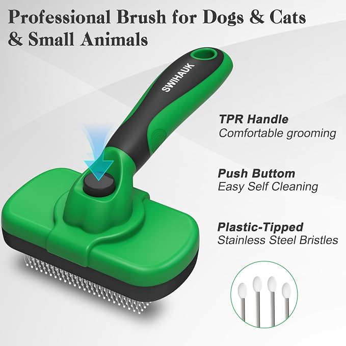 Swihauk Self Cleaning Slicker Brush - Skin Friendly Deshedding Grooming Tool for Dogs & Cats, Suitable for Shedding & Haired Pets, with Pet Supplies Accessories, Green