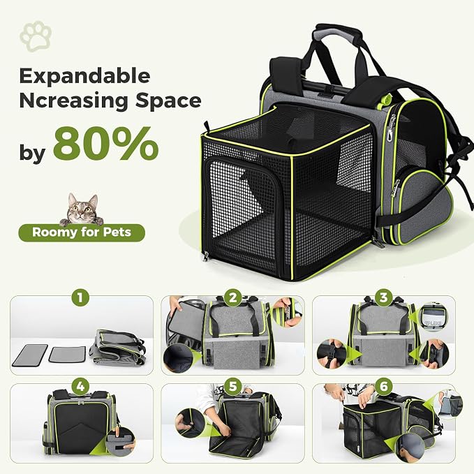 Lekereise Expandable Cat Backpack Carrier for Cats and Small Dogs up to 18 lbs, Widened Interior with 30% More Bottom Space, Rear Expansion up to 80% More Space, Breathable Mesh, Sun Shade, Grey