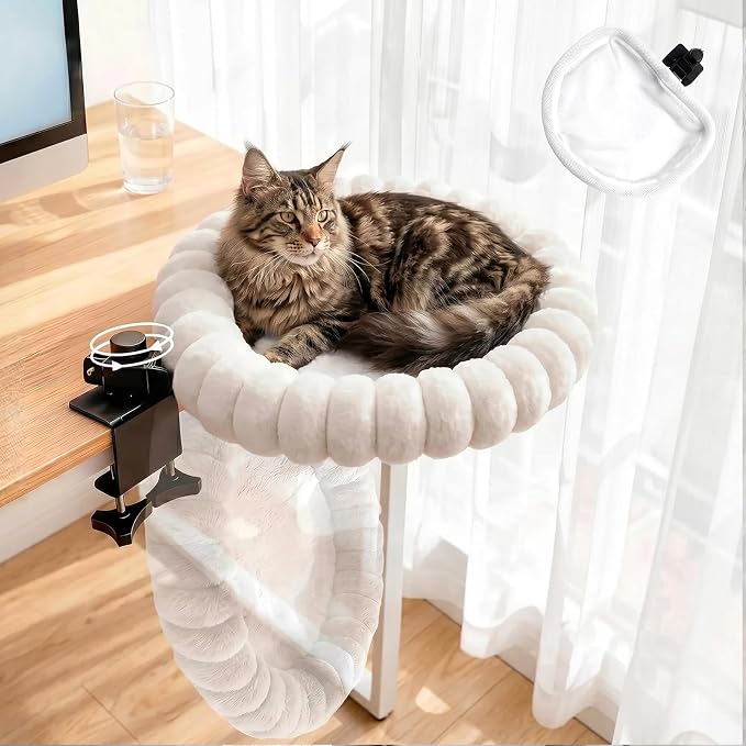 20"x16" Rotatable Foldable Cat Desk Bed - 2 Detachable Washable Mats for Desk Cat Bed, Double Screw Reinforced Support, 50LBS Bearing Capacity | Cat Desk Hammock for Home Office & Gaming Desks (White)
