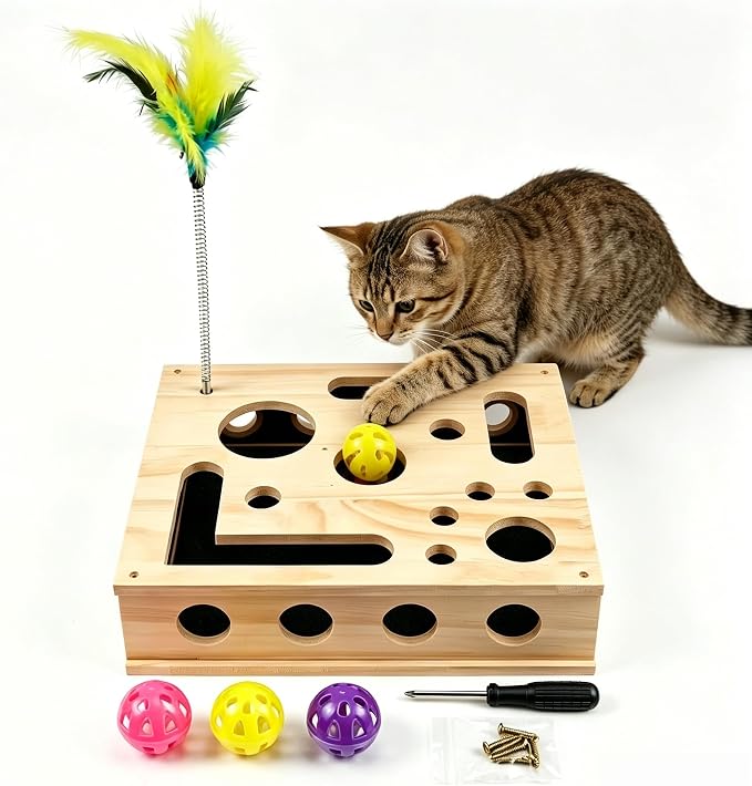 Wooden Cat Scratch Puzzle Enrichment Box, Interactive Cat Nail File Enrichment Box with Sandpaper Inside and Bell Ball, Scratch Puzzle Box for Cat Stress Free Alternative to Clippers and Grinders