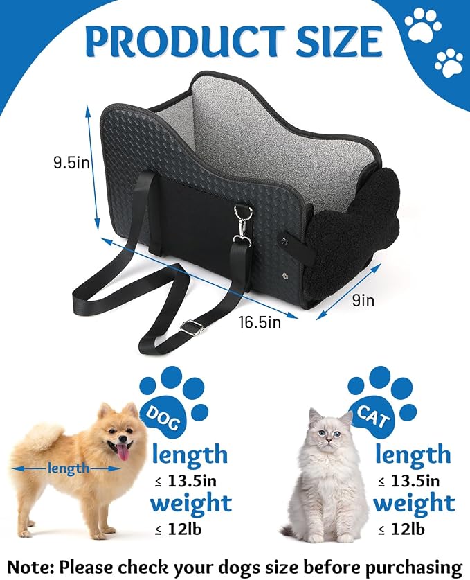 Center Console Dog Car Seat, Pet Car Seat, Armrest Middle Console Booster Travel Carrier for Small Dogs and Cats(Black Leather)
