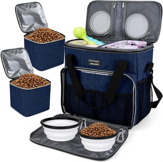 BAGLHER Dog Travel Bag, Pet Travel Bag (ALL Pet Travel Supplies), With 2 Pet Food Containers and 2 Collapsible Silicone Bowls; Essential Kits for Pet Travel Dark Blue