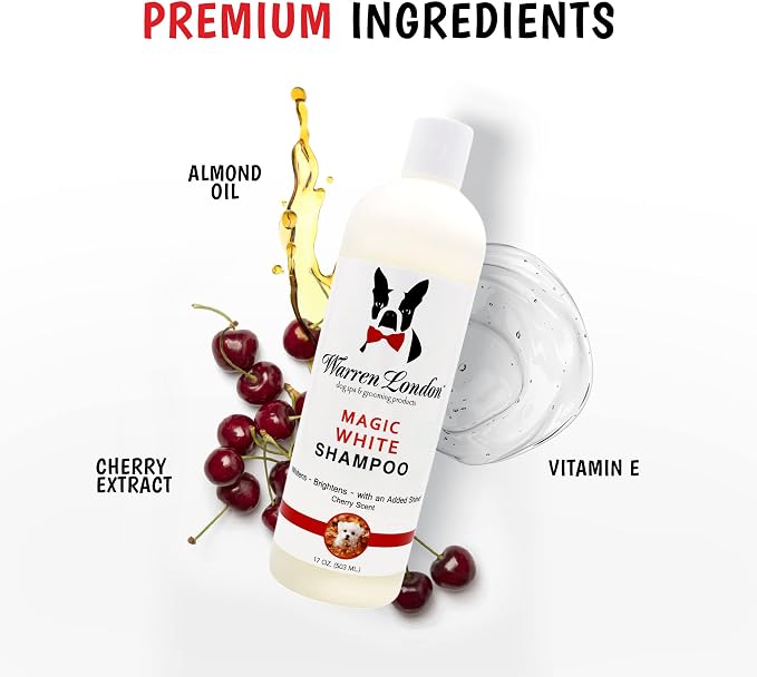 Warren London Magic White Dog Shampoo | Whitening Shampoo for White Dogs & Lighter Dog Coats | Puppy and Cat Safe Grooming Supplies | Cherry Scent | Made in USA | 17oz
