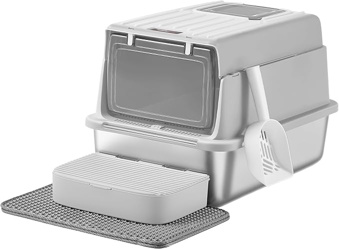 Feandrea Stainless Steel Cat Litter Box with Flip Lid, Litter Catcher Mat and Box, 2 Doors, Scoop, for Cats up to 33 lb, Light Gray UPPT007GD01