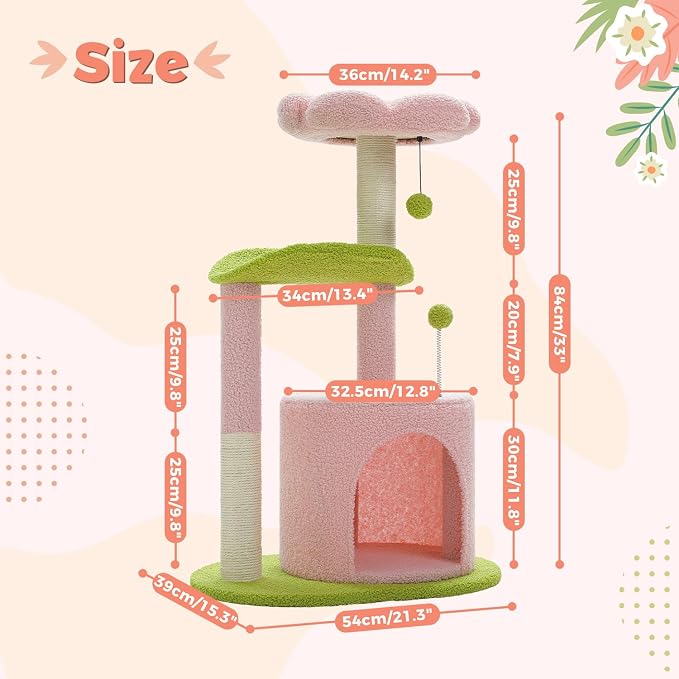PAWZ Road Flower Cat Tree 32" Small Cat Tower with Curved Perch Bed | Colorful Cat Tower with Cozy Condo, Curved Perch,Toy Balls & Sisal Scratching Post,Small Cat Tower for Small Cats & kittens