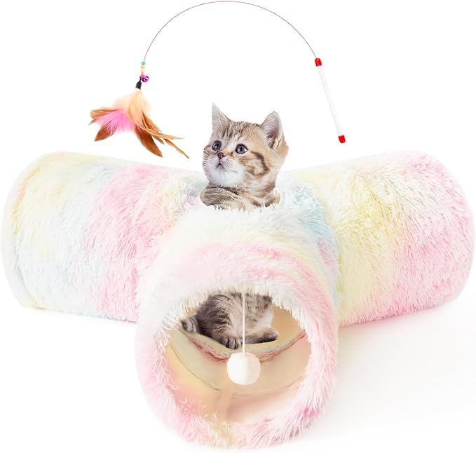 Tempcore Plush Pet Cat Tunnel Tube Cat Toys 3 Way Collapsible, Tunnels for Indoor Cats，Kitty Tunnel Bored Pet Toys Peek Hole Ball Puppy, Kitty, Kitten, Rabbit Rainbow