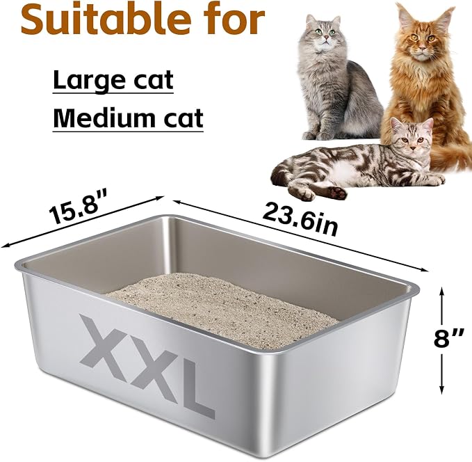 Stainless Steel Cat Litter Box XXL 2pcs，Metal Litter Box for Big Cats | Multiple Cats, Cat LitterBox -Pet Toilet Easy to Clean,Pan Litter Box,Non Stick, No Smell,Indoor,Pet Bathing Pan