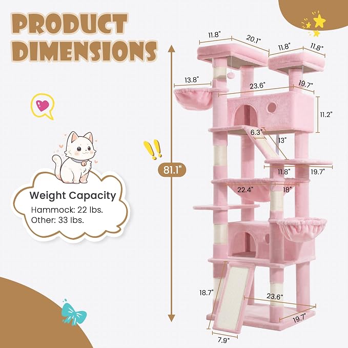 SHA CERLIN 81in Multi-Level Tall Cat Tree Tower for Indoor Kitties/Larger Cat Condo Furniture with Hammock/Cozy Pussycat Perches/Sisal Scratching Posts/Pet House/Wide Base/Pink