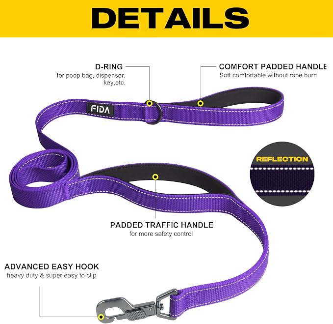 Fida 6 FT Heavy Duty Dog Leash with 2 Comfortable Padded Handles, Traffic Handle & Advanced Easy Snap Hook, Reflective Walking Lead for Large, Medium & Small Breed Dogs, Purple