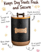 Miamolo Dog Treat Container, Dog Treat Jar for Countertop Airtight Seal Lid | Ceramic, 8 Cups, Wooden Lid, Cast-iron Handle | Dog Food Storage Container, Decorative Dog Cookie Canister, Bone Dotted Black