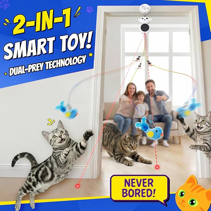 Interactive Cat Toys for Indoor Cats, Automatic Moving Toy with Flying Bird | Catpick toy Doorway Hanging Feather Toys for Bored Kitten & Adult Cat, Wand Toy for Exercise &Enrichment, Rechargeable, White