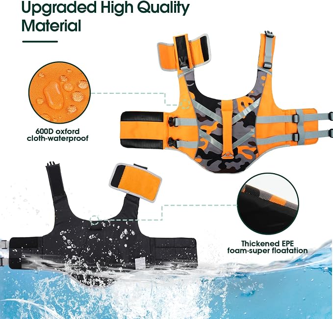 Kuoser Reflective Dog Life Jacket, Dog Life Vest for Swimming Boating | Adjustable Pet Lifejackets, High Flotation Doggie Swimsuit with Rescue Handle for Small Medium Large Dogs