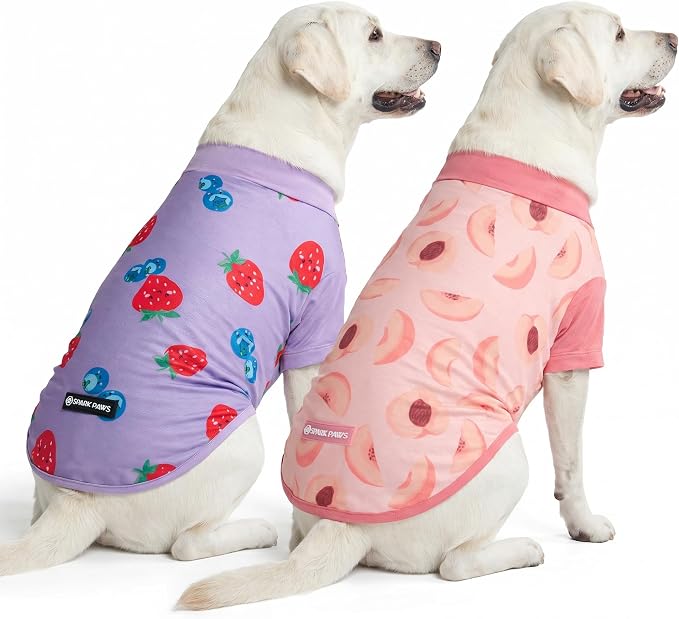 Spark Paws Sunblock Dog T-Shirt, SPF30 Protection, Lightweight Breathable Quick Dry for Dogs with Sensitive Skin - Berries & Peaches (Set of 2) - Size 2XL