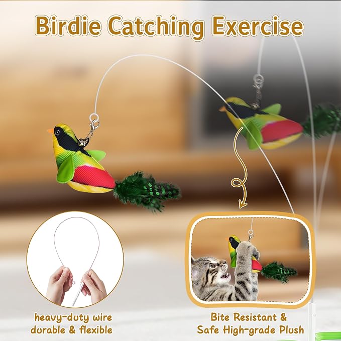 3-in-1 Automatic Interactive Cat Toy, Flying Bird, Mole & Feather | Rotating feather, 3 play modes, cheese-shaped non-slip base, USB-C rechargeable 1200mAh battery, 8-minute auto shutoff