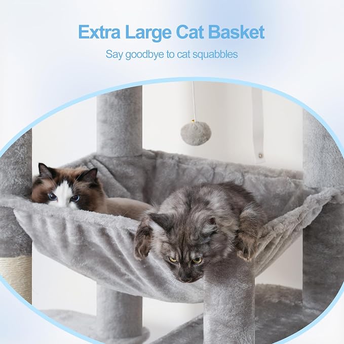 Hey-brother Cat Tree Tower with Multi-Level Duty Scratching Posts, 0MPJ039W | 80.7 Inches XL Cat Furniture with Large Platforms, Cozy Condos, Big Hammock, Toy Balls for Indoor Adult Cats, Light Gray