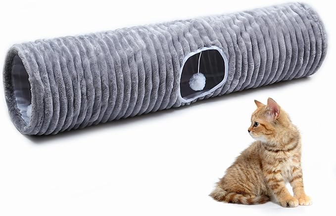 Luxurious Cat Tunnel,43" Straight Cat Tunnel Bed with Balls,Cat Toys for Indoor Cats,Collapsible Peekaboo Cat Cave for Kitten Toys (Gray Stripe)