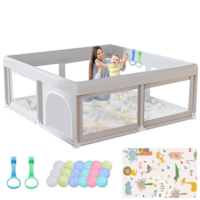 Hiaksedt Baby Playpen with Mat and Ocean Balls 50 x 50 inch | Small Playpen for Babies and Toddlers Baby Fence Playards