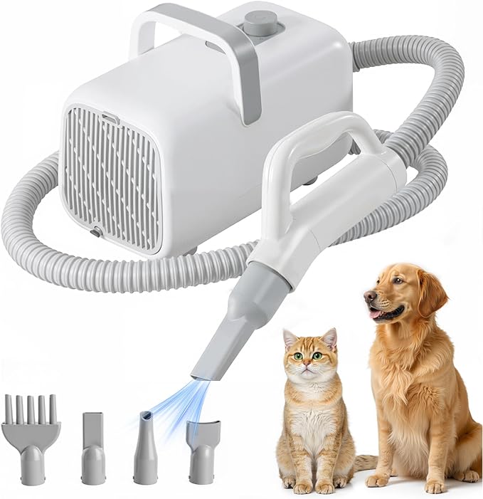 NEWBULIG Dog Hair Dryer with Heater for Grooming, White | 1550W High Velocity Speed Temperature Adjustable Pet Blow Dryer with 4 Nozzles