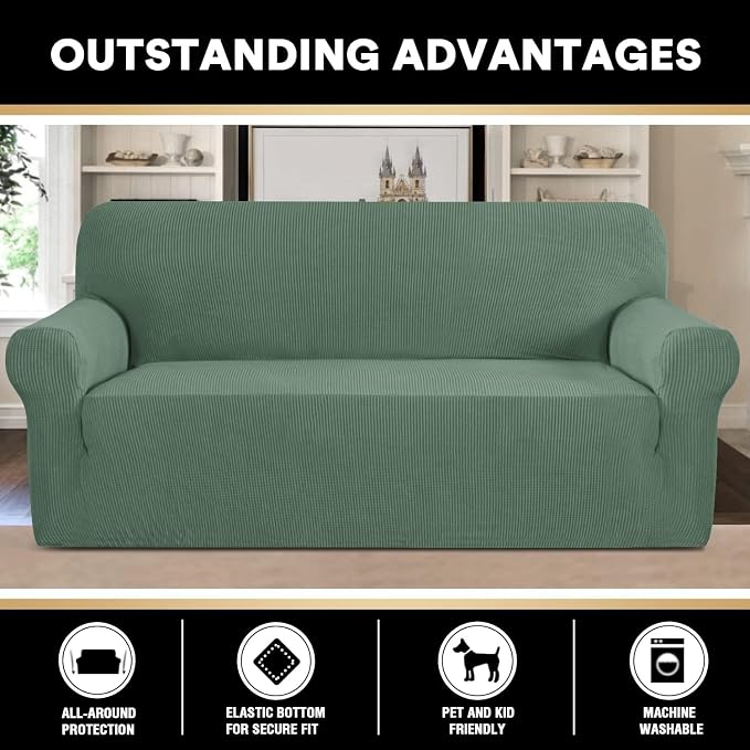 Stretch Sofa Cover Slipcover Couch Covers for 3 Cushion Couch Furniture Protector Sofa Covers with Non Slip Elastic Bottom Dogs Pet Friendly Fitted(Large Sofa 90"-100",Loden Frost)
