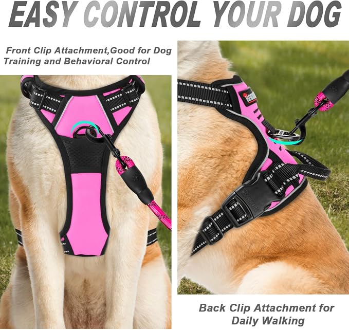 BARKBAY No Pull Dog Harness Front Clip Heavy Duty Reflective Easy Control Handle for Large Dog Walking(Pink,S)