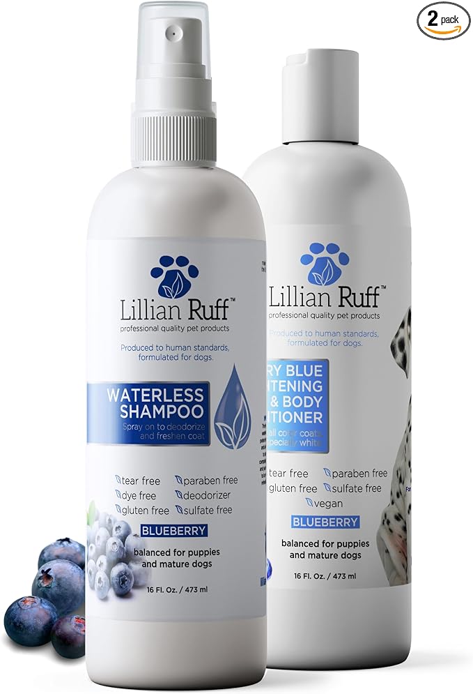 Lillian Ruff PRO Formula Blueberry Waterless Dog Shampoo & Berry Blue Brightening Conditioner - No-Rinse Odor Eliminator & Hydrating Whitening Conditioner Detangles, Restores Skin, Softness & Shine