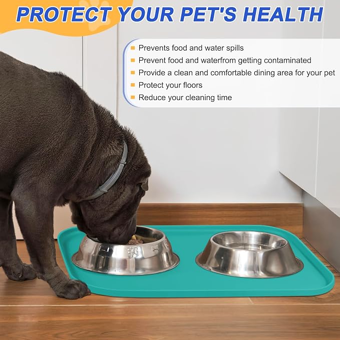 SMILOOL Silicone Pet Food Mat with Raised Edge for Food and Water Bowl, Dog Feeding Mats, Cat Food Trays for Floor Waterproof, Rubber Tray for Dogs and Cats, 19 x 12 x 0.7 Dark Turquoise