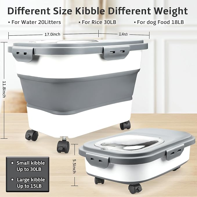 Rice Storage Containers, Collapsible 20 to 30Lbs Food Storage Bin Dispenser with Rolling Wheel and Clear Airtight Lid, BPA Free Flour, Sugar, Cereal and Dog Cat Pet food Containers