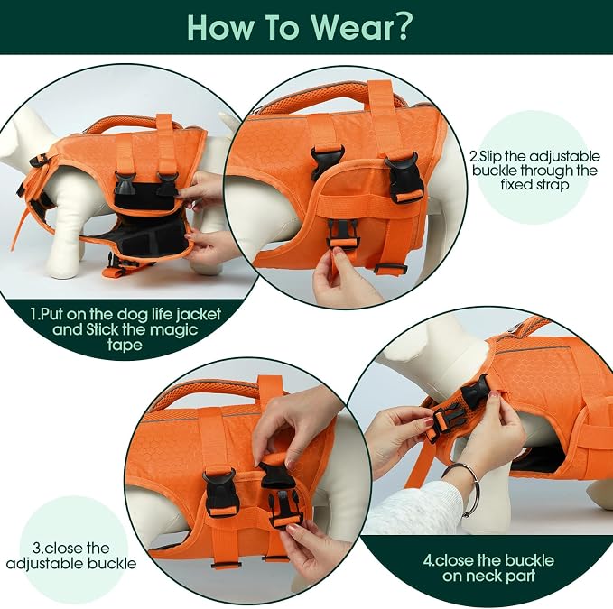 Kuoser Dog Life Jacket, High Flotation Reflective Dog Life Vest, Orange, XS | Adjustable Dog Lifejackets for Small Medium Large Dogs, Lifevest with Rescue Handle for Swimming, Boating, Lake, Beach & Pool