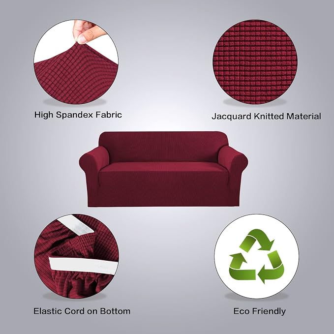 H.VERSAILTEX Stretch Sofa Covers for 3 Cushion Couch Covers Sofa Slipcovers for Living Room Feature Thick Checked Jacquard Fabric with Elastic Bottom, Sofa Large - Burgundy Red