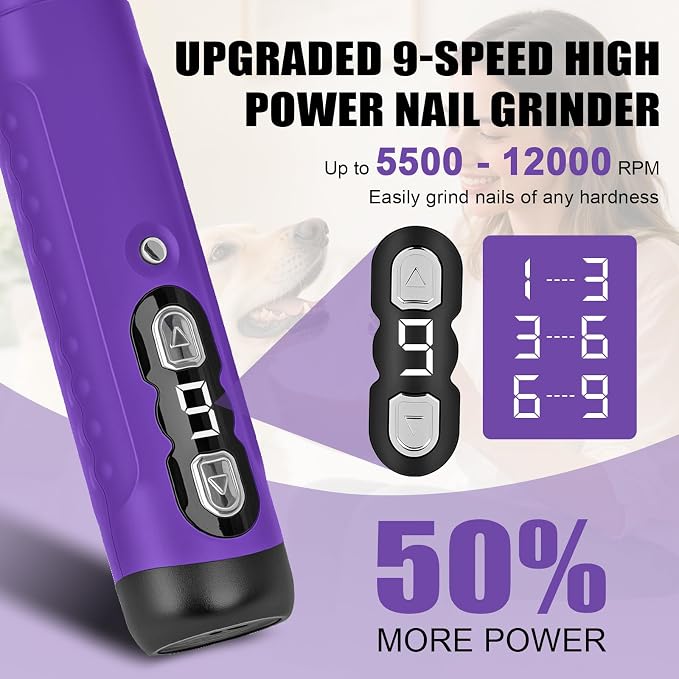 Quiet Dog Nail Grinder, 9-Speed Electric Pet Nail Trimmer with LED | Low noise, Safety sensor guard, 2 LED lights, USB rechargeable, Professional grooming, Sensitive paws, Dogs cats all breeds