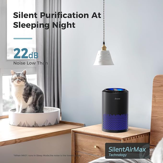 AROEVE Air Purifiers for Bedroom with Sleep Mode Speed Control-MK01A(Black) | Energy Star Efficiency, Meet Global Recycled Standard, 360-Degree Air Inlets, 22dB Noise Level, Aromatherapy Function