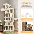 Globlazer Extra Large Cat Tree Tower 80in XXL Tall Cat Tree for Multiple Indoor Cats Large Adult Kittens with Scratching Posts, 2 Widened Perches, Adjustable Baskets, 2 Cozy Cat Condos, S80G, Beige