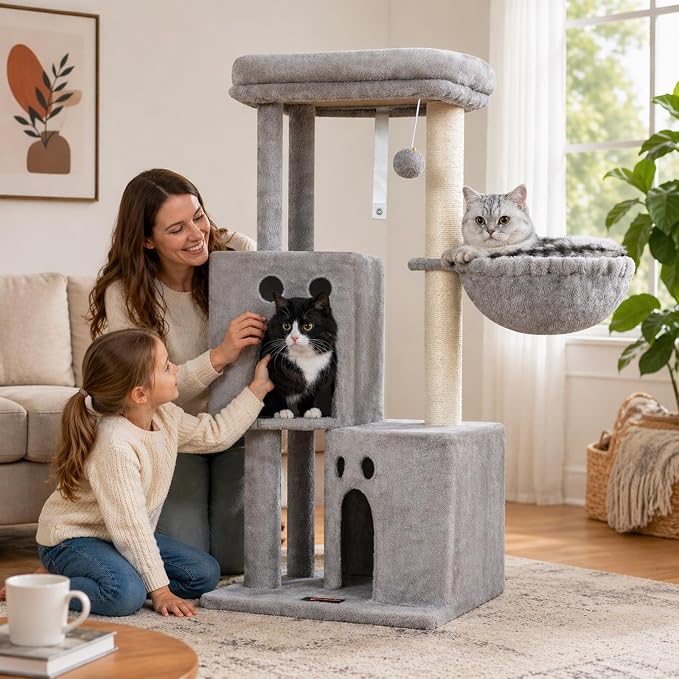 Small Cat Tree Tower for Indoor Cats, 40 in Medium Cat Bed Scratching Posts | Multi Level Compact Kitty Kitten Houses Climbing Trees Stands with 2 Condos Sisal Post Perch Platform Hammock Plush Toy Balls