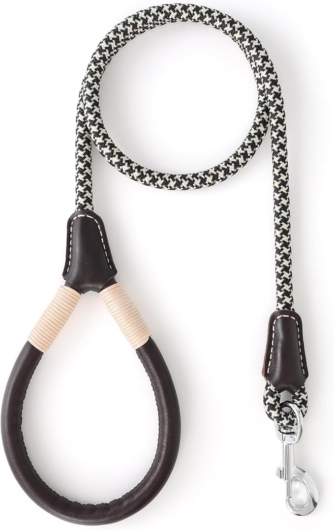 Mile High Life Dog Leash with Genuine Leather Handle, 4/5/6 FT | Comfortable Leather Grip Rope Leash, Heavy Duty 360° Swivel Metal Clasp, for Small Medium & Large Dogs (Khaki Black, 48 Inch)