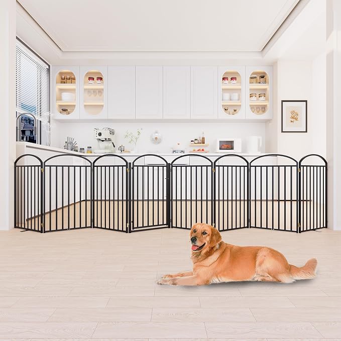 SNUOWU 8 Panels Full Matel Freestanding Dog Gates with Door, 192"Extra Wide 36"Tall Free Standing Dog Pet Gate for Indoor & Outdoor. Foldable Pet Fences for Doorways, House, Stairs, Porch, Deck, Yard
