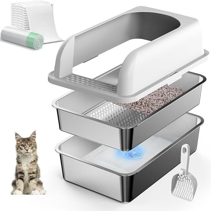 Suzzipaws Stainless Steel Sifting Litter Box with Lid for Pine Pellets | 19.7"x13.8"x5.9" High-Sides Anti-Leakage Sifting Litter Box, Stainless Steel Surface for Easy-Clean, Less Litter Tracking