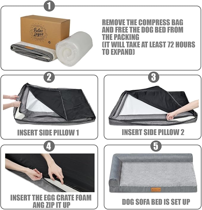 Patas Lague Orthopedic Large Dog Bed Pet Sofa Beds 36''X24'' Grey | L Bolster Egg-Crate Foam Dog Couch For Large Sized Dogs, Waterproof Removable Washable Cover, Pet Mat with Nonskid Bottom
