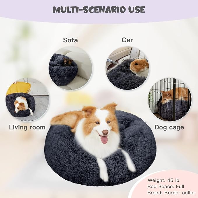 Himax Covered Large Dog Bed with Blanket Attached Calming Burrow Deep Grey | 35in Anti-Anxiety Donut dog bed with cover, Washable Round Fluffy Pet& Cat Beds for Indoor
