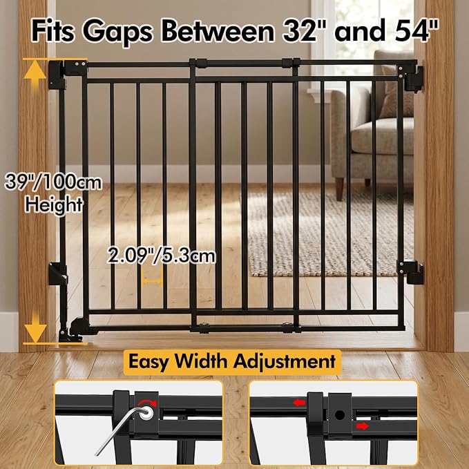 39" Extra Tall Baby&Dog Gate,32-54" Wide Hardware Mount Gate,Black | Auto-Close design,Two-Way Swing, No Bottom Bar,Must Drill to Install
