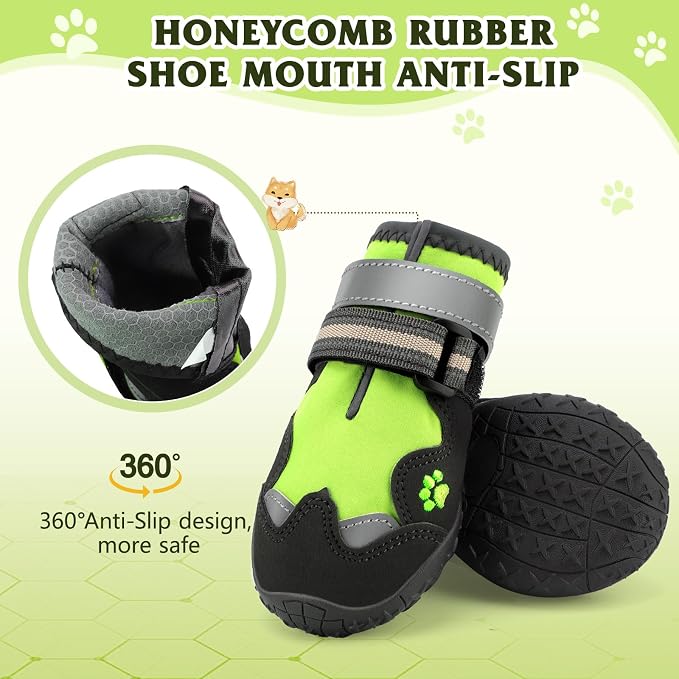 Dog Shoes for Large Dogs, 360°Anti Slip Medium Dog Boots & Paw Protectors Winter Snowy, Waterproof 4Pcs Dog Booties with Reflective Strips (Size 1: 1.57''x2.09''(W*L), Green)