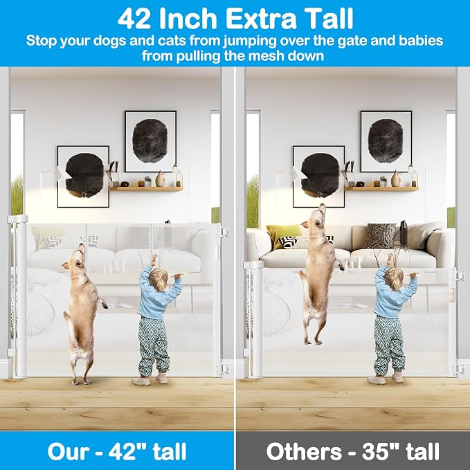 42 Inch Extra Tall Retractable Baby Gates with Reinforced Strips 55 Inch Wide Outdoor Retractable Dog Gate No Sag Extra Tall Baby Gate for Doorway Anti-Scratch Mesh Gates for Kids or Pets, White