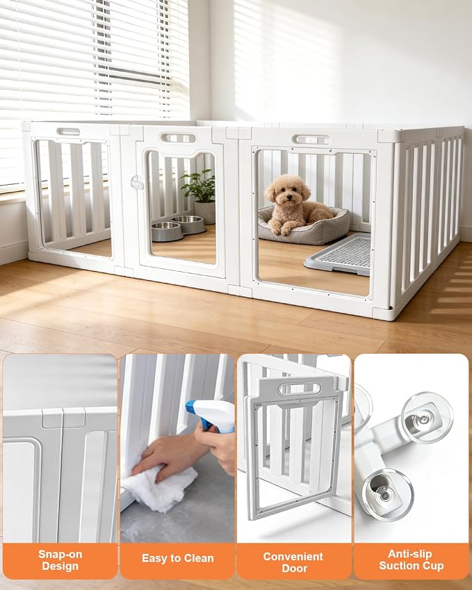 Acrylic Indoor for Dogs Playpen, 24" H 10 Panels DIY Puppy Playpen | Indoor & Outdoor Dog Playpen with Heavy Duty Door Lock, Easy-Assembly&Clean Door Pet Fence for Dogs Puppy,Cats,Rabbits,White