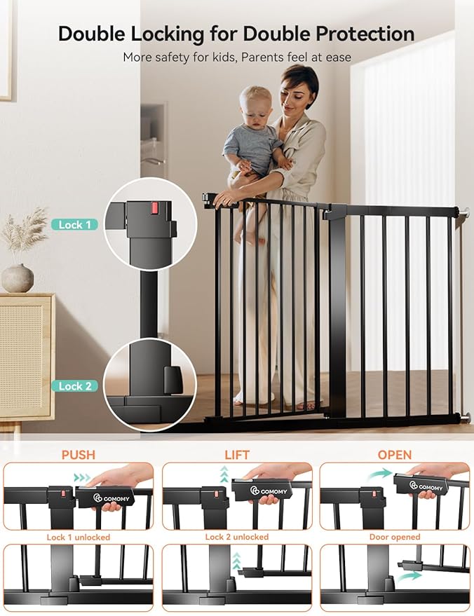 COMOMY 30" Tall Baby Gate for Stairs Doorways, Fits Openings 29.5" to 46" Wide, Auto Close Extra Wide Dog Gate for House, Pressure Mounted Easy Walk Through Pet Gate with Door, Black | Auto Close Extra Wide Dog Gate for House, Pressure Mounted Easy Wal...