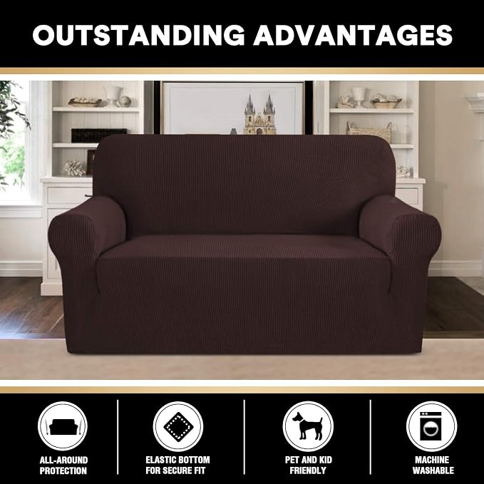 Stretch Loveseat Sofa Cover Slipcover Couch Cover for 2 Cushion Sofa Washable Sofa Cover for Pets Friendly Furniture Protector Covers with Non Slip Bottom(Loveseat, Brown)