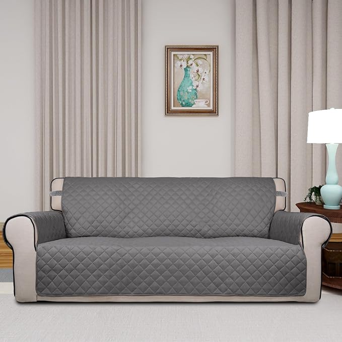 PureFit Reversible Quilted Couch Covers for Dogs Oversized Sofa Cover 78” | Gray/Ivory, Water Resistant Couch Protector, Washable Pet Couch Cover with Non Slip and Elastic Straps For Kids