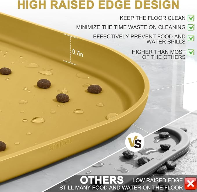 SMILOOL Silicone Pet Food Mat with Raised Edge for Food and Water Bowl, Dog Feeding Mats, Cat Food Trays for Floor Waterproof, Rubber Tray for Dogs and Cats, 19 x 12 x 0.7 Honey