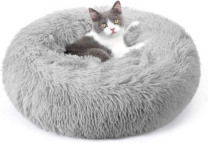 rabbitgoo Calming Cat Beds for Indoor Cats, 20 inches, Light Grey | Soft Warm Donut, Fluffy Faux Fur, Supportive Raised Rim, Anti-slip, Machine Washable, Up to 15lbs Kittens & Small Cats